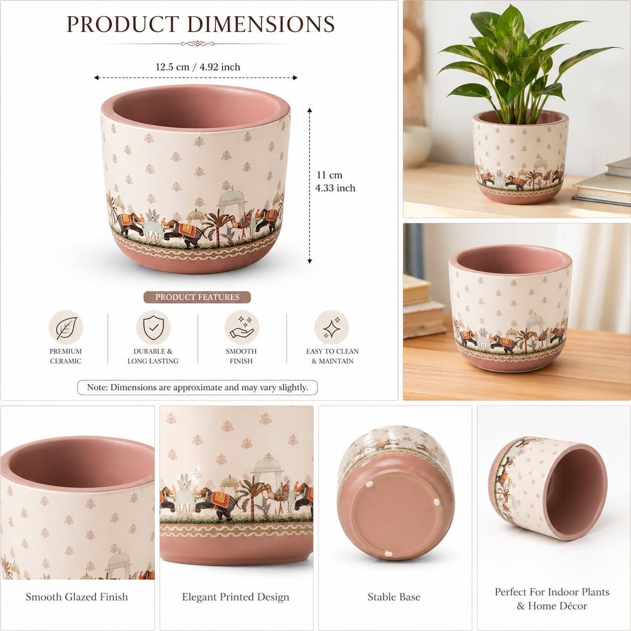 Pink elephant print ceramic pot