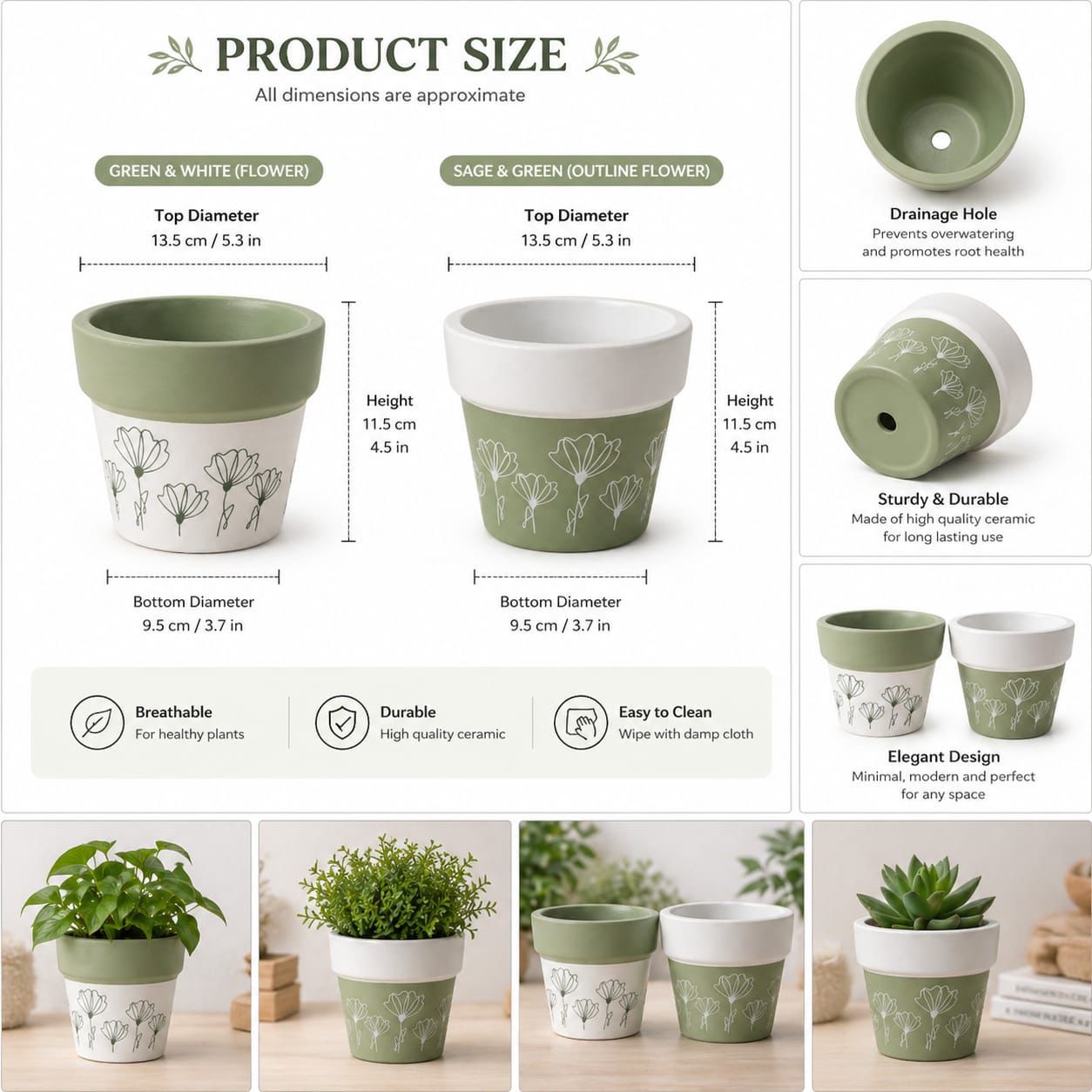 Green and white ceramic pots for homes retail and cafes
